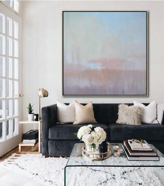 Extra Large Acrylic Painting On Canvas,Abstract Landscape Oil Painting,Original Art Acrylic Painting,Sky Blue,Pink,Light Yellow